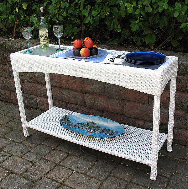 Caribbean Resin Wicker Serving Console, White Wicker Console Table