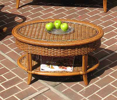 Wicker Coffee Table w/Glass Top, Natural Wicker, Oval Tangiers Style