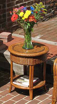  Wicker End Table w/Glass Top, Natural Wicker Round Tangiers Style 