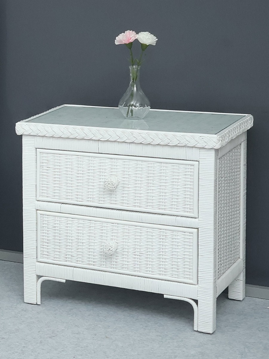 Wicker Night Table with Glass Top Augusta, White