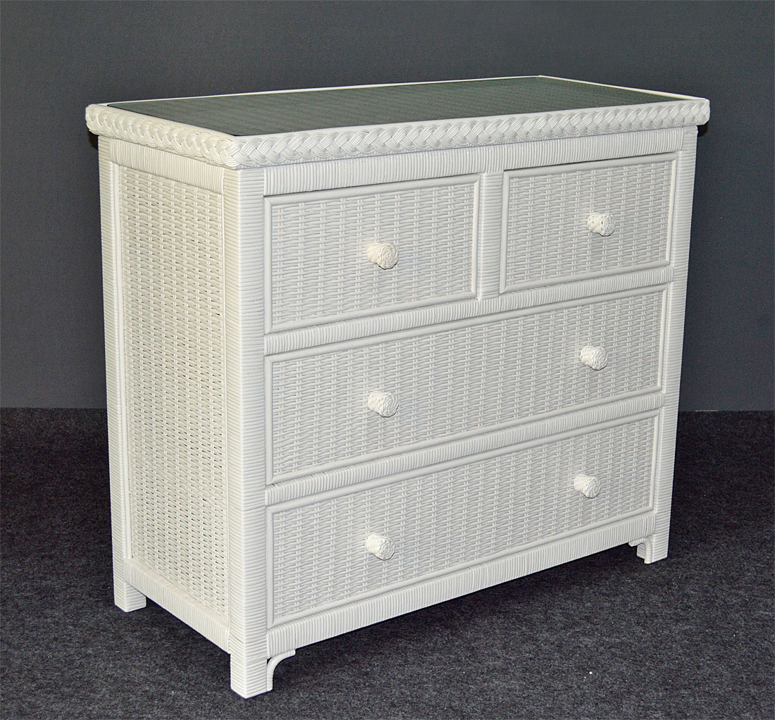 Wicker Dresser Augusta 4 Drawer w/ Inset Glass Top, White
