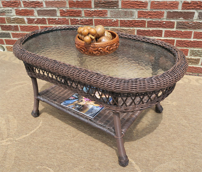 Belaire Resin Wicker Oval Cocktail or  Coffee Table with Glass Top