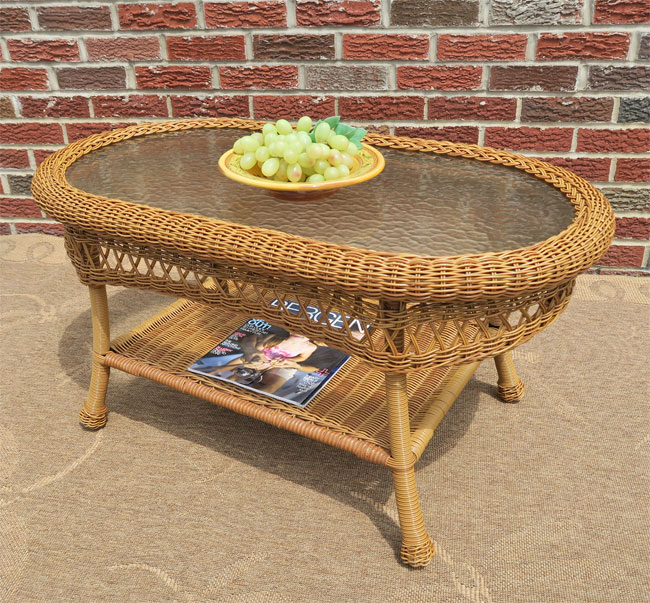 Resin Wicker Cocktail Table, w/Inset Glass Top, Oval Bel Aire Style (5) Colors 