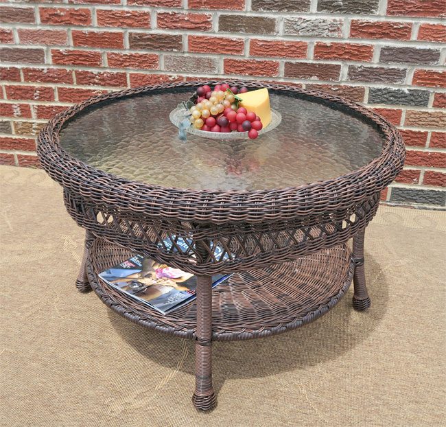Belaire Round  Resin Wicker Cocktail or Coffee Table with Glass Top 19.5&quot; high