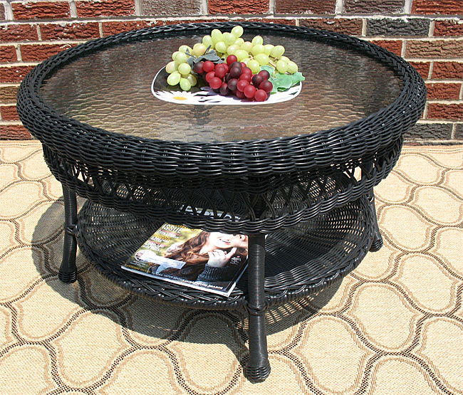 Resin Wicker Cocktail Table w/Inset Glass Top, Round Bel Aire Style  19.5&quot; high (5) Colors