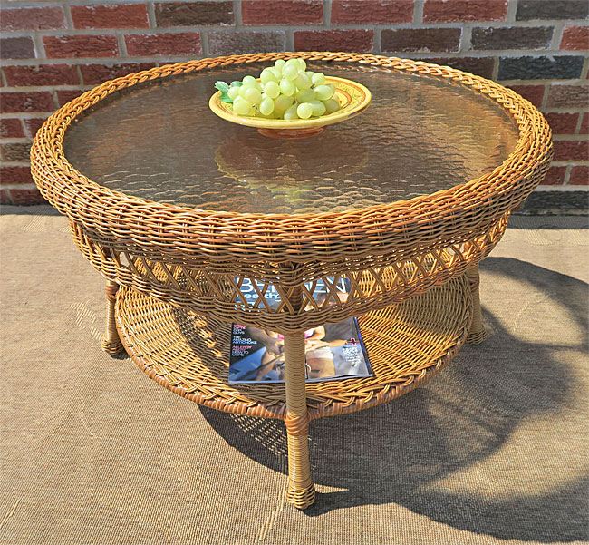 Resin Wicker Cocktail Table w/Inset Glass Top, Round Bel Aire Style  19.5&quot; high (5) Colors