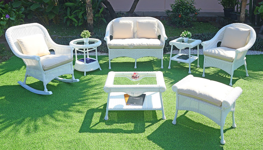 Cape May Resin Wicker 6 Piece Set w/Seat &amp; Back Cushions, Premium Indonesian 7 mm Solid Synthetic Wicker , Tempered Glass Table Tops