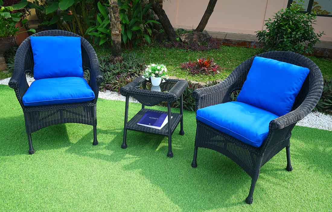 Cape May Resin Wicker 3 Piece Chat Set -(2) Chair w/Seat & Back Cushions, Premium 28% Thicker Synthetic Indonesian 7 mm Wicker & Tempered Glass Topped Square End Table
