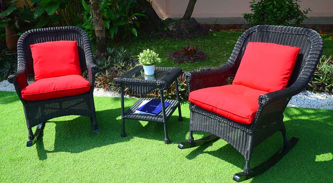 Cape May Resin Wicker 3 Piece Chat Set -(2) Rockers w/Seat & Back Cushions, Premium 28% Thicker Synthetic Indonesian 7 mm Wicker & Tempered Glass Topped Square End Table