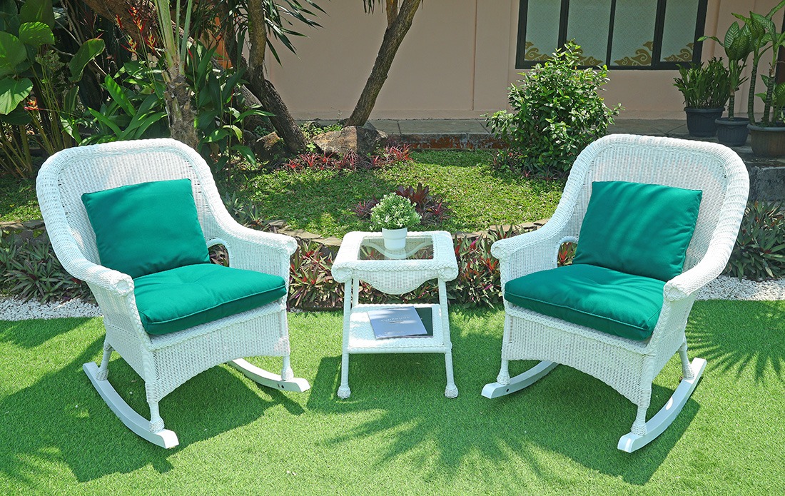 Cape May Resin Wicker 3 Piece Chat Set -(2) Rockers w/Seat &amp; Back Cushions, Premium Solid Synthetic Indonesian Wicker &amp; Tempered Glass Topped Square End Table