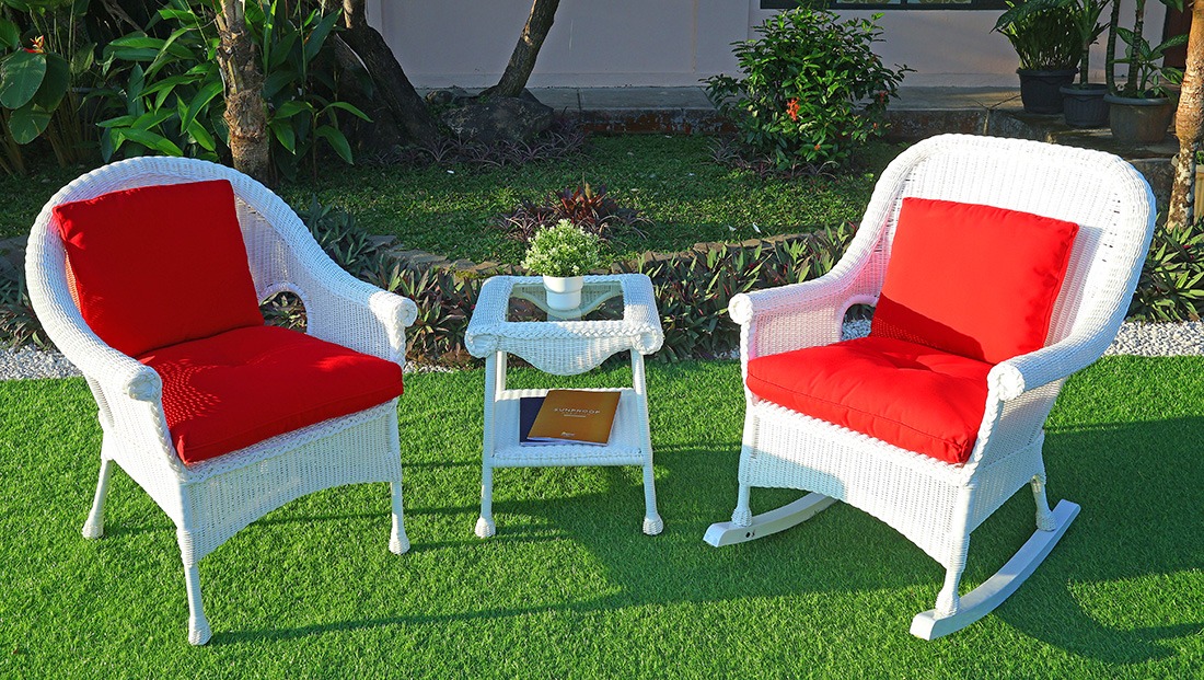 Cape May Resin Wicker 3 Piece Chat Set -(1) Chair &amp; (1) Rocker w/Seat &amp; Back Cushions, Premium Solid Synthetic Indonesian Wicker &amp; Tempered Glass Topped Square End Table