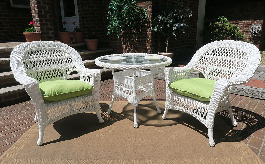 3 Piece Madrid Resin Wicker Chat Set with 36&quot; Round Dining Table w/ Umbrella Hole (2) Chairs.