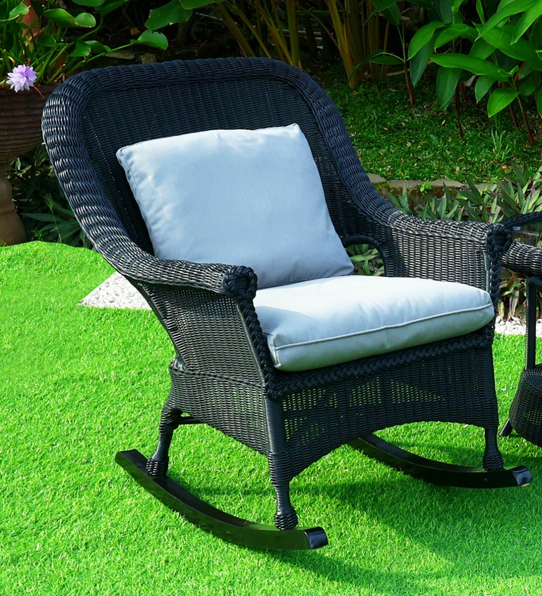 Cape May Resin Wicker High Back Rocker w/Seat & Back Cushions, Premium 28% Thicker Indonesian 7 mm Synthetic Wicker