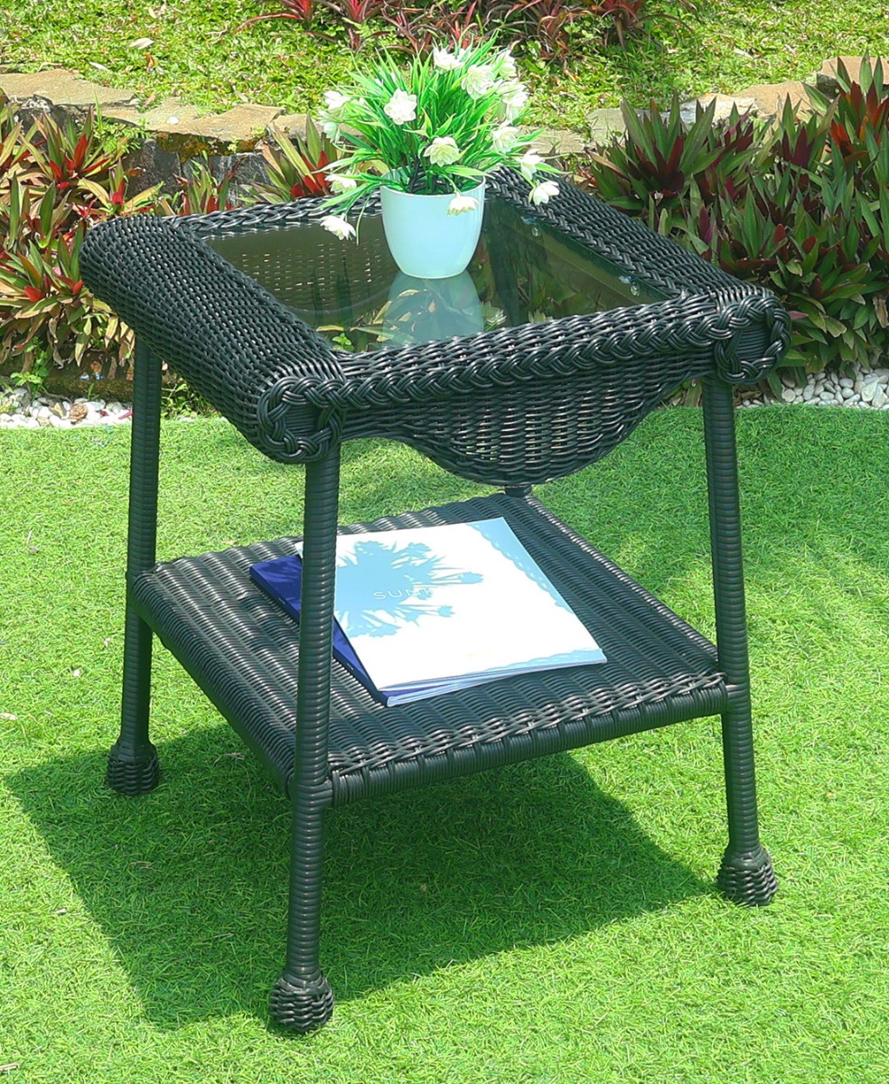 Cape May Resin Wicker Outdoor Square End Table w/Inset Tempered Glass Top, Premium Indonesian Solid Synthetic Wicker 