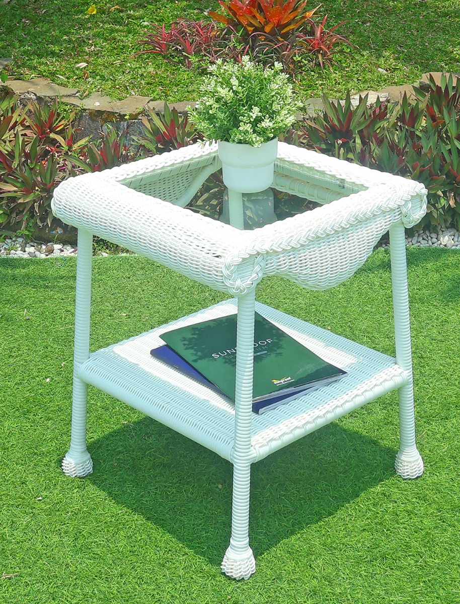 Cape May Resin Wicker Outdoor Square End Table w/Inset Tempered Glass Top, Premium 28% Thicker Indonesian 7 mm Synthetic Wicker 