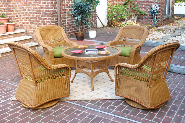 Belaire Resin Wicker Swivel Glider Conversation Set (1) 24&quot; High Table (4) Chairs