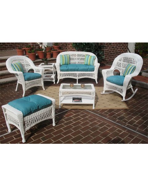4 Piece Madrid Wicker  Set with seat Cushions (1) Love Seat (1) Cocktail Table (1)Chair (1) Rocker