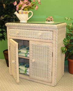 All Purpose Wicker Commode Cabinet with Glass Top, White Wash