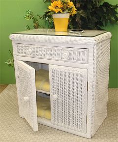 All Purpose Wicker Commode Cabinet with Glass Top, White