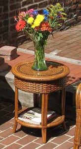 Wicker End Table w/Glass Top, Natural Wicker Round Tangiers Style
