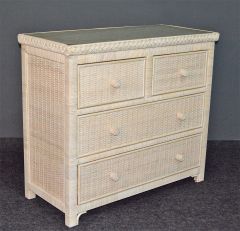 Wicker Dresser Augusta 4 Drawer w/ Inset Glass Top, White Wash