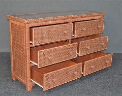 Wicker Dresser Augusta 6 Drawer w/Inset Glass Top, Tea Wash Brown