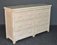 Wicker Dresser Augusta 6 Drawer w/Inset Glass Top, White Wash