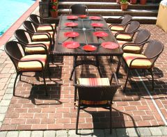 96" Rectangular Resin Wicker Dining Set With (10) Bistro Chairs & Cushions