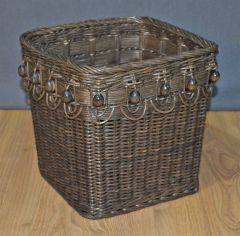 Wicker Waste Basket Beaded Victorian Style Rectangular, Coffee Color