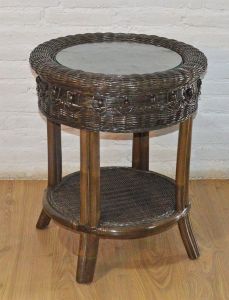 Wicker End Table Round w/ Glass Top, Beaded Victorian Style, Coffee