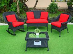 Cape May Resin Wicker 4 Piece Set -(1) Chair & (1) Rocker w/Seat & Back Cushions, Premium 28% Thicker Synthetic Indonesian 7 mm Wicker & Tempered Glass Topped Tables-