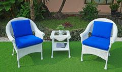 Cape May Resin Wicker 3 Piece Chat Set -(2) Chair w/Seat & Back Cushions, Premium Solid Synthetic Indonesian Wicker & Tempered Glass Topped Square End Table