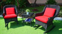 Cape May Resin Wicker 3 Piece Chat Set -(2) Rockers w/Seat & Back Cushions, Premium 28% Thicker Synthetic Indonesian 7 mm Wicker & Tempered Glass Topped Square End Table