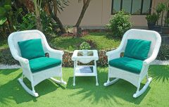 Cape May Resin Wicker 3 Piece Chat Set -(2) Rockers w/Seat & Back Cushions, Premium Solid Synthetic Indonesian Wicker & Tempered Glass Topped Square End Table