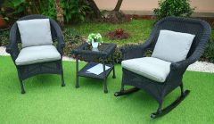Cape May Resin Wicker 3 Piece Chat Set -(1) Chair & (1) Rocker w/Seat & Back Cushions, Premium 28% Thicker Synthetic Indonesian 7 mm Wicker & Tempered Glass Topped Square End Table