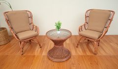 Rattan Chat Set, Micro Style (2) Cushioned Chairs & Round End Table, Tea Wash Brown