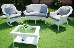 Cape May Resin Wicker 4 Piece Set -(1) Chair & (1) Rocker w/Seat & Back Cushions, Premium Solid Synthetic Indonesian Wicker & Tempered Glass Topped Tables-