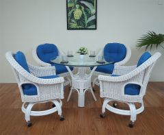 Wicker Dining Set 42" Thick Glass Top Diamond Style (4 Castored Chairs) White