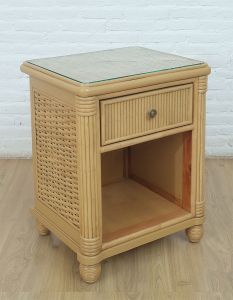 Rattan Night Table w/ Inset Glass , i Drawer Isla Morada Style, Natural Frame Finish--Have Arrived