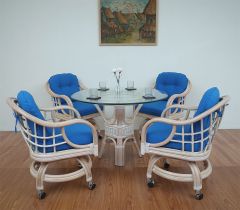 Wicker Dining Set 42" Thick Glass Top Luciana Style (4 Castored Chairs) White Wash