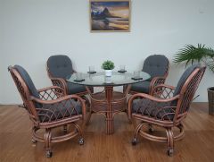 Wicker Dining Set 48" 1/2 Thick Glass Top Marina Style (4 Castored Chairs) Teawash Brown