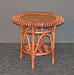Rattan End Table With Solid Teak Wood Top Round Martinique Style. (Teawash Brown)
