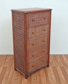 Wicker Dresser Milano 5 Drawer Chest w/Wooden Top & Mahogany Wood Frame Available in Tea Wash Brown