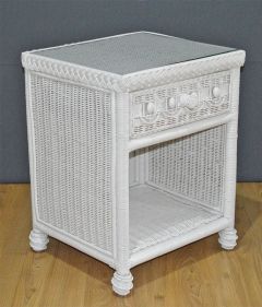 Wicker Night Stand, Victorian 1 Drawer with Inset Glass Top, White