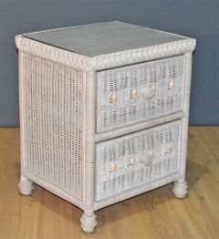 Wicker Night Table, Victorian Beaded 2 Drawer with Inset Glass Top, White Wash