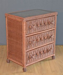 Wicker Dresser Victorian Beaded 3 Drawer w/ Inset Glass Top, Teawash Brown