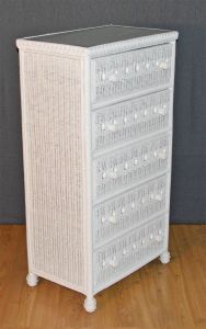 Wicker Dresser Victorian Beaded 5 Drawer w/ Inset Glass Top, White