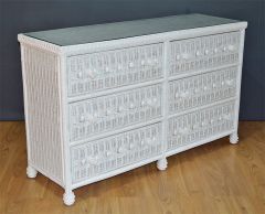 Wicker Dresser Victorian Beaded 6 Drawer w/ Inset Glass Top, White