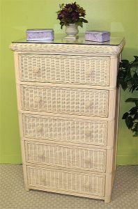 Wicker Dresser Pavilion 5 Drawer w/Glass Top, White Wash