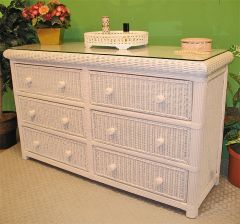 Wicker Dresser Pavilion 6 Drawer w/ Glass Top, White